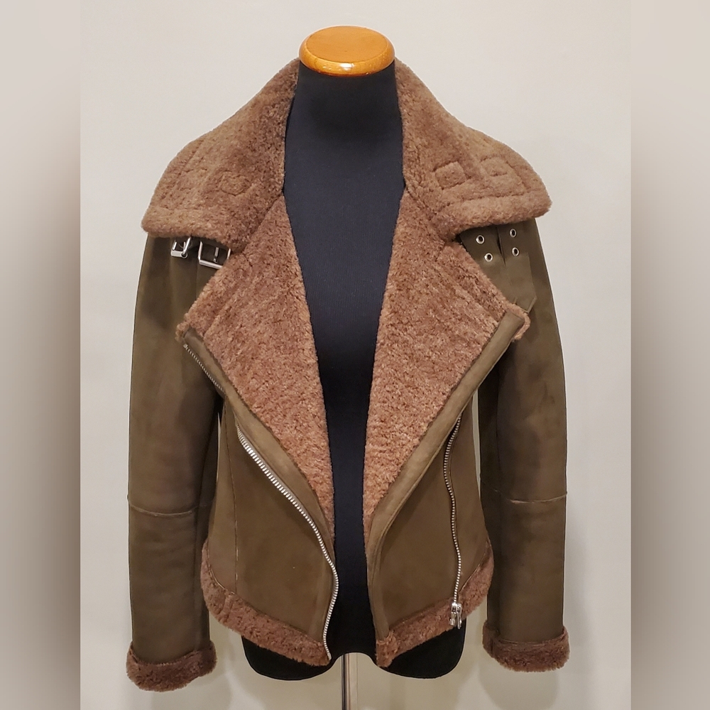 Women’s Zara Olive Green Shearling Moto Jacket